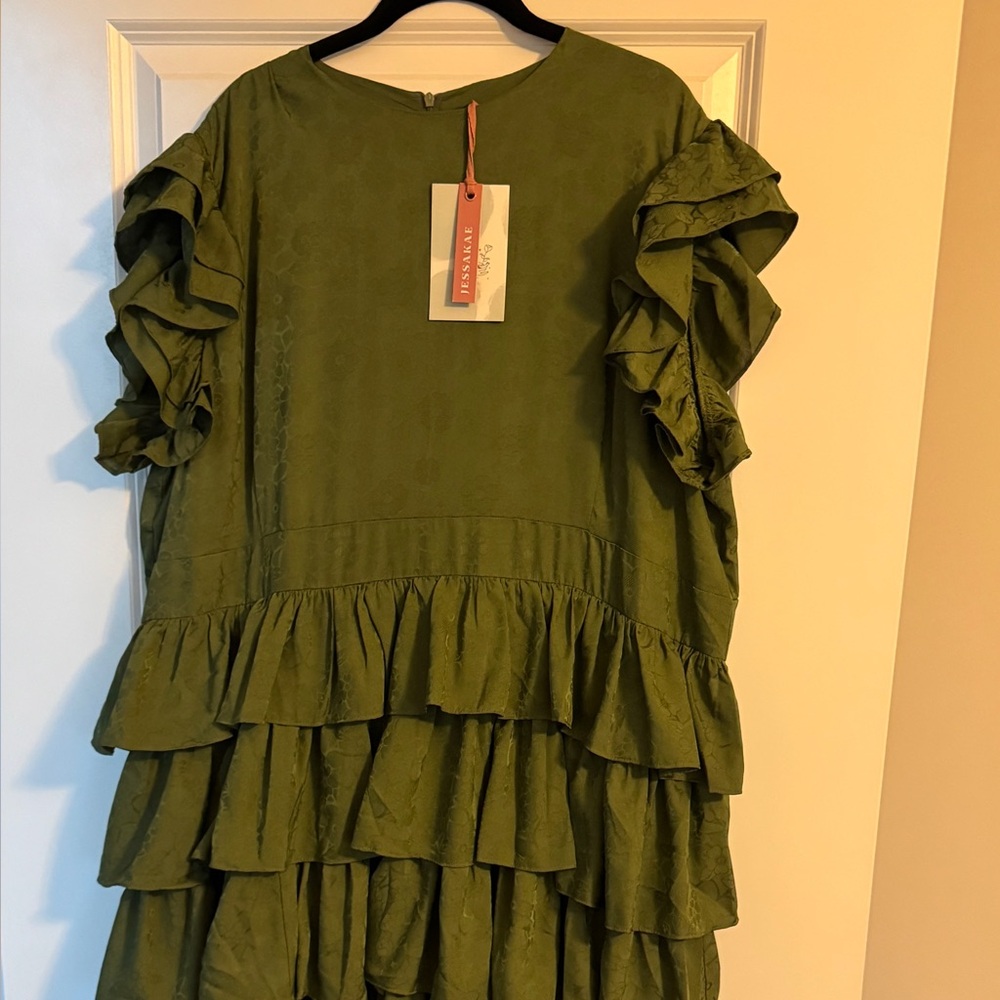 JessaKae Charming Dress in Olive Ruffled Dress